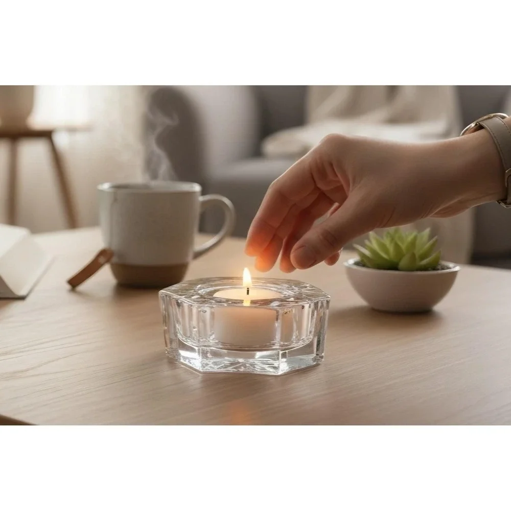 Vintage French‎ Crystal Octagon Diamond Cut Trinket Dish Tea Light Candle Holder
